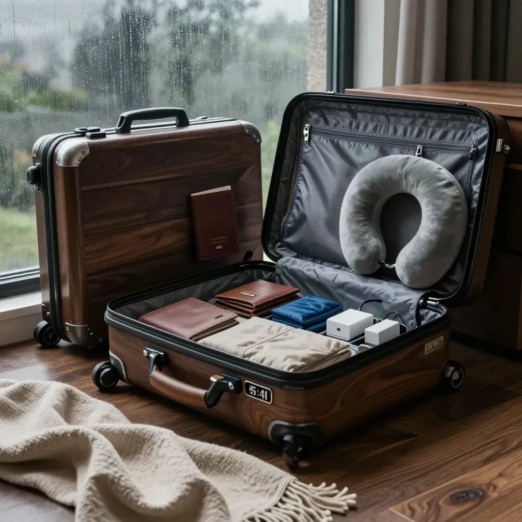 Luxe reiskoffers en paspoorthouders bij een regenraam in een donkere houten suite.