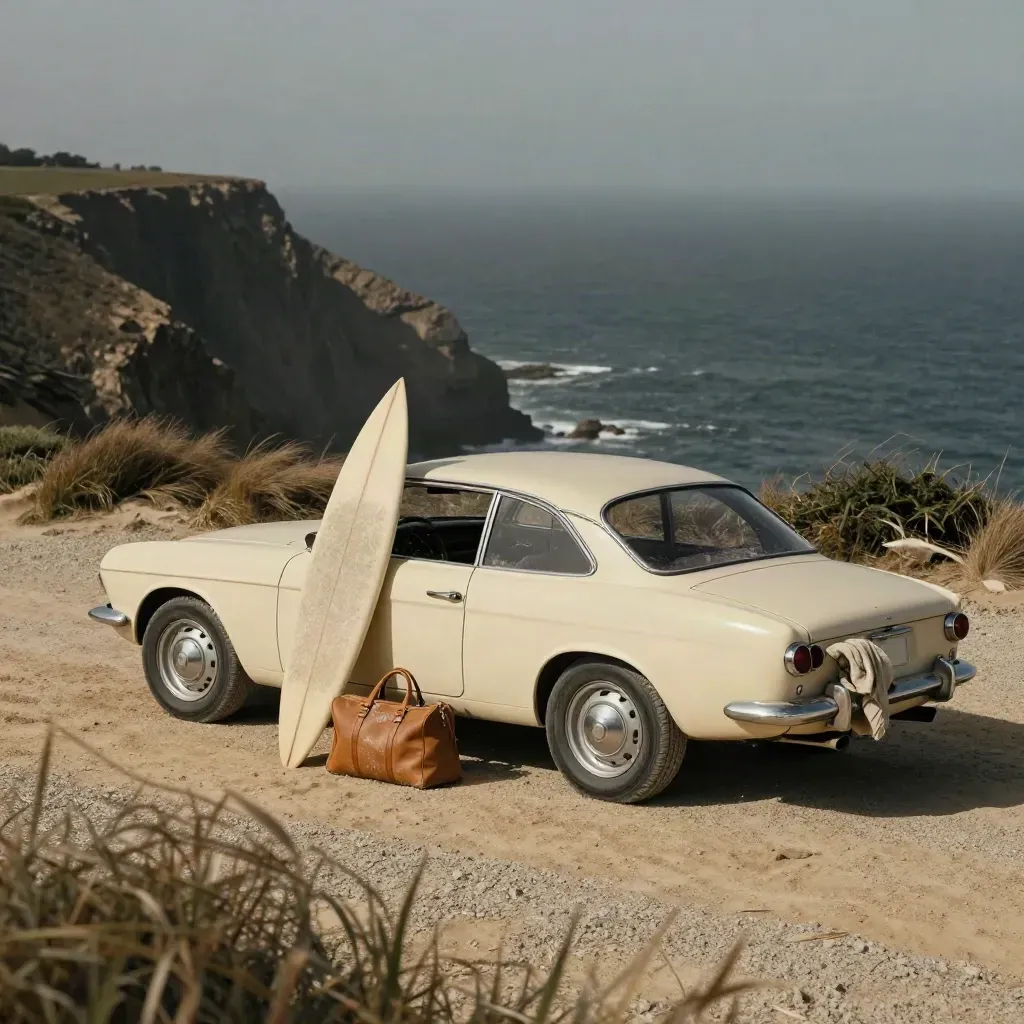 Vintage huurauto met surfboard op een klif, oceaan in de mist op de achtergrond.