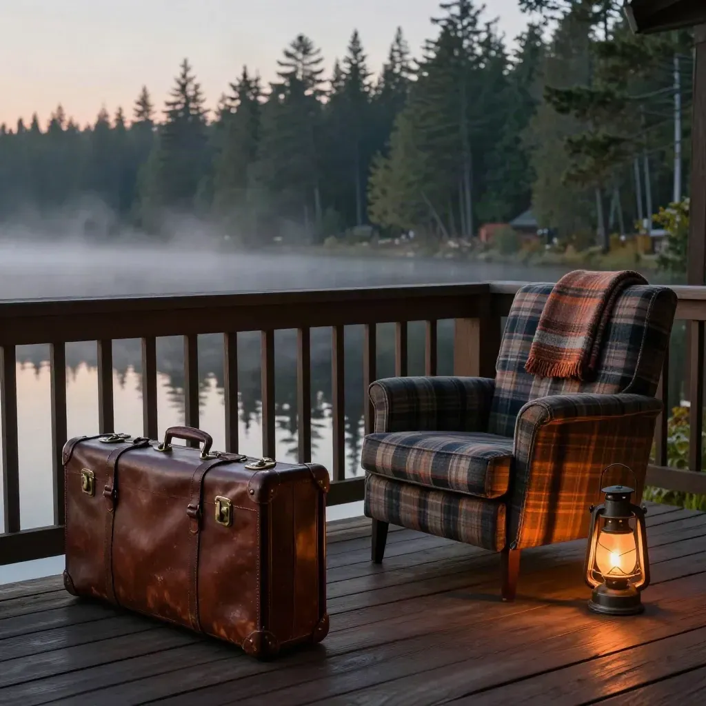 Rustige Canadese lodge aan een meer met twee koffers, plaidstoel en mistig dennenwater.