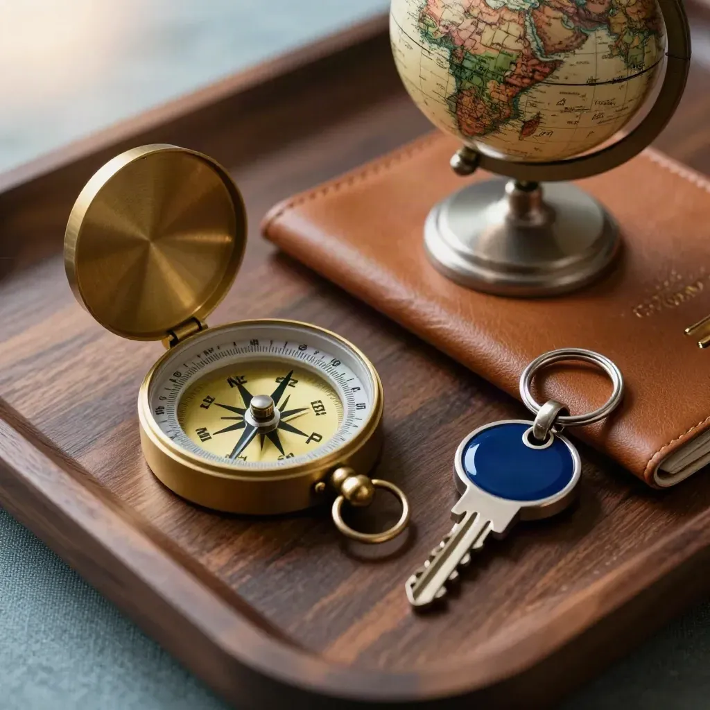 Macro van een brass kompas met leren paspoorthoes, globe-standaard en hotelsleutelhanger.