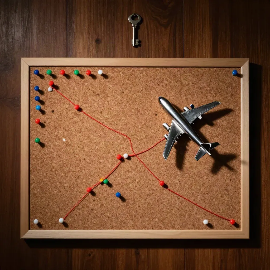 Kurkbord met routepins, rode draad en miniatuurvliegtuig in donker reisatelier.