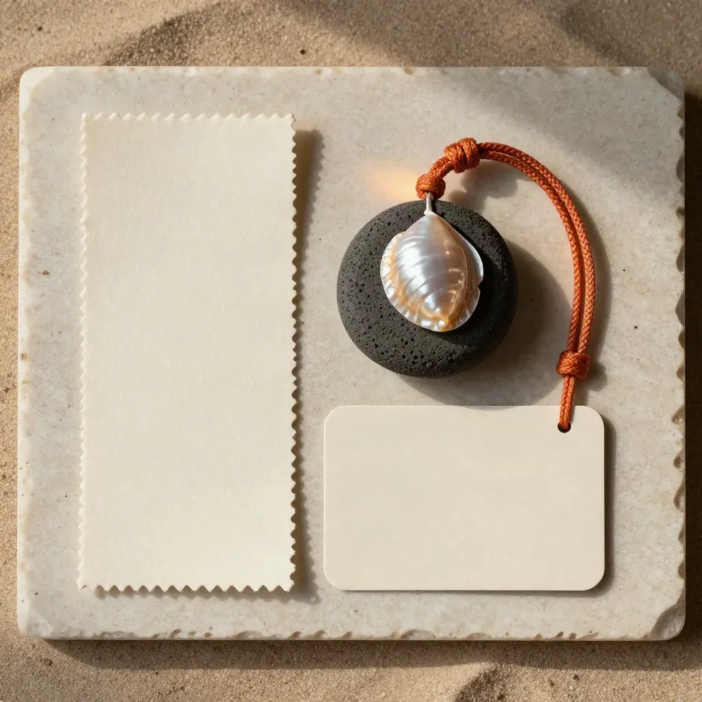 Bovenaan flatlay met reisbriefje, schelp, vulkanische steen en koord op travertin.